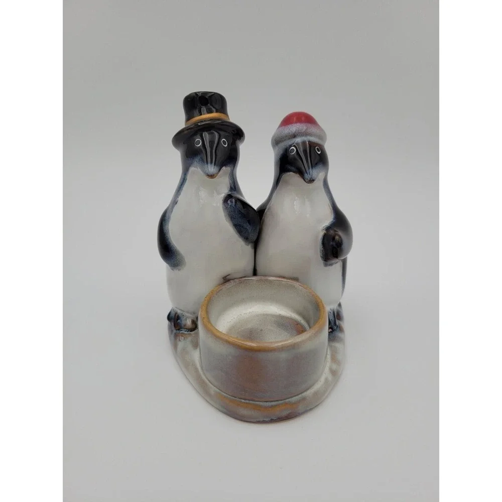 Christmas Penguins Couple Tealight candle Holder Top Hat Santa‎ Hat